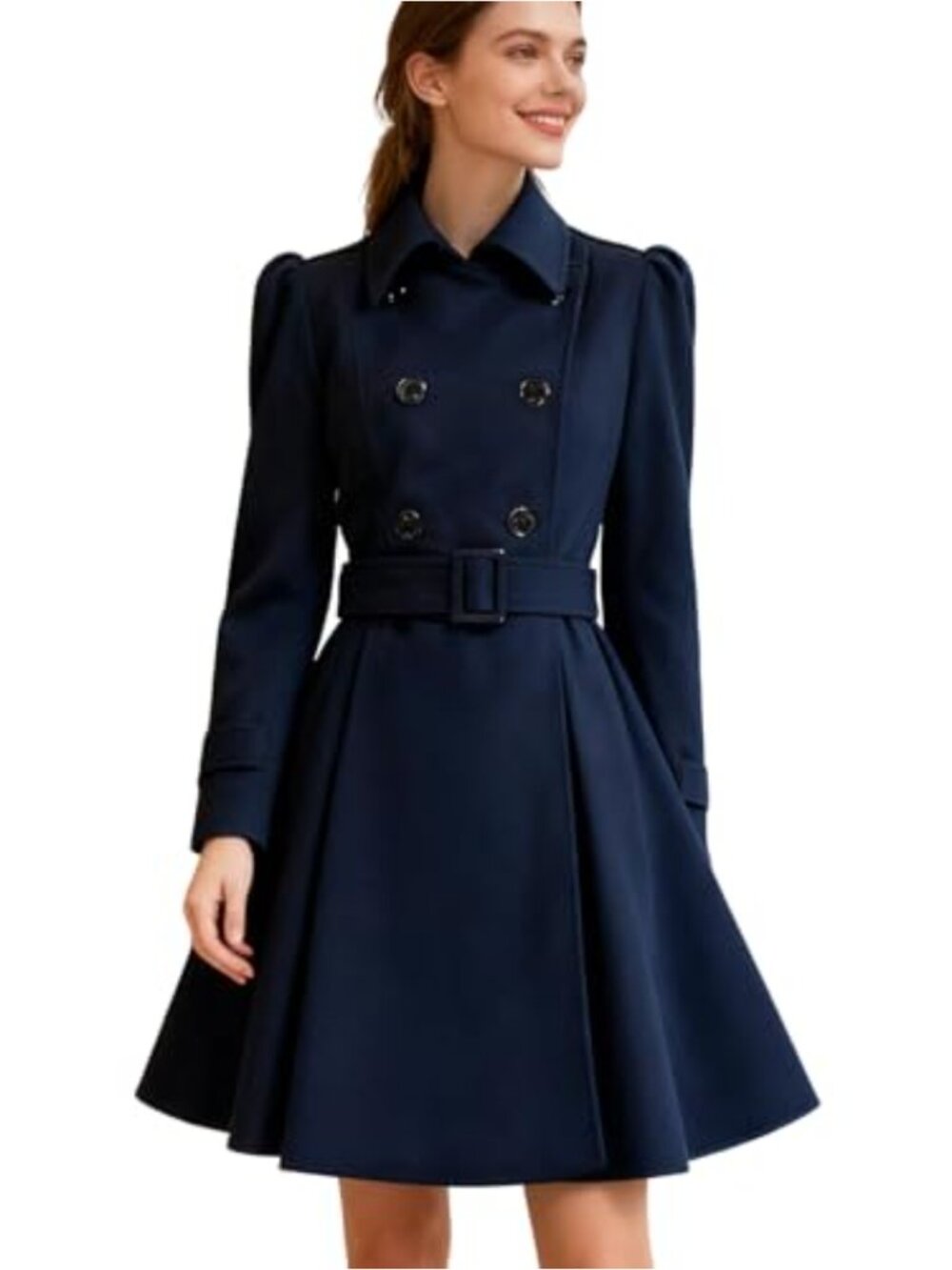 Women Double Breasted Wool Pea Coat with Belt Notch Lapel Mid-Long